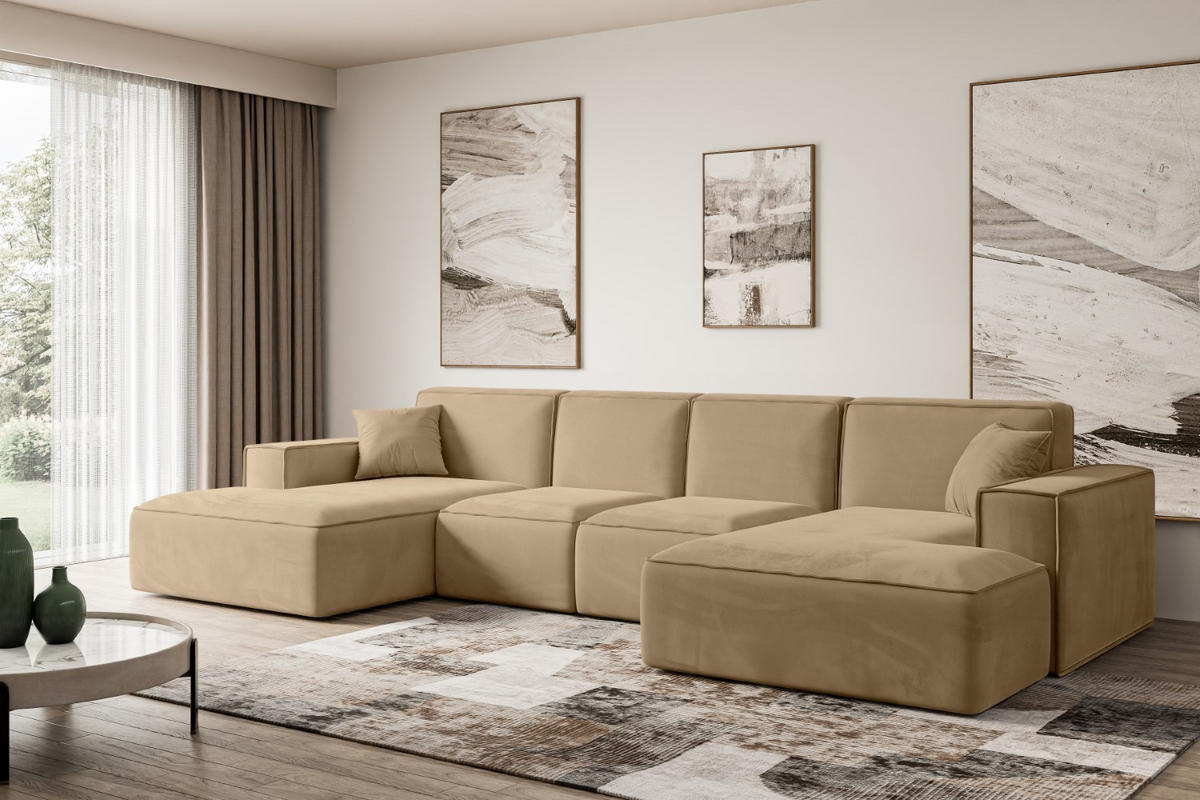 WOHNLANDSCHAFT SIERRA-U - 344x165x73 cm Beige Velours - Beige/Schwarz, Holzwerkstoff/Kunststoff (344/73/165cm) - ALTDECOR