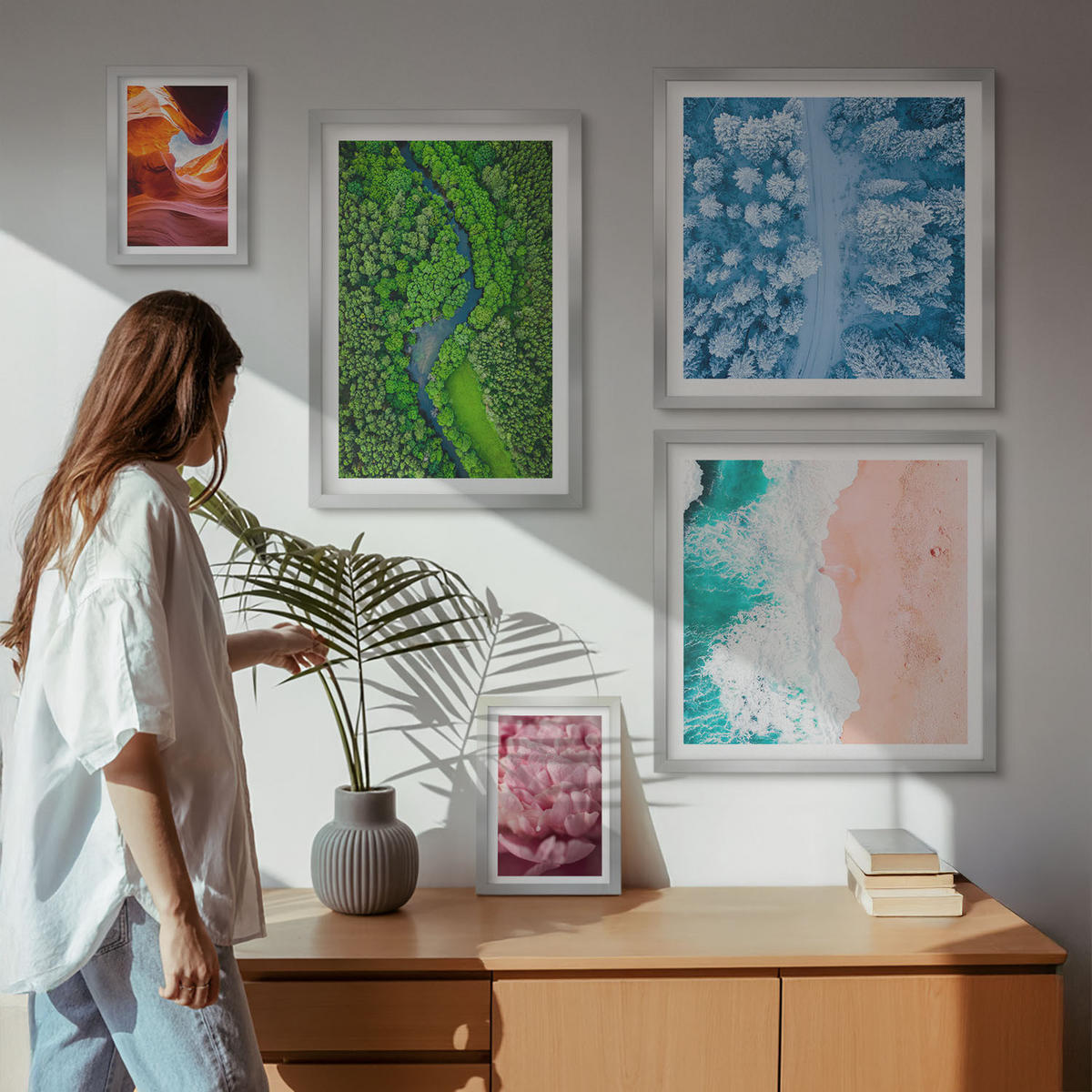WANDBILDER 5er Set - 50x50 cm & 20x30 cm & 40x60 cm Silberner Rahmen - Pferde, Bewegung, Strand, Leuchtturm, Berge - Silberfarben, Kunststoff (40/60cm) - ArtPrintCave