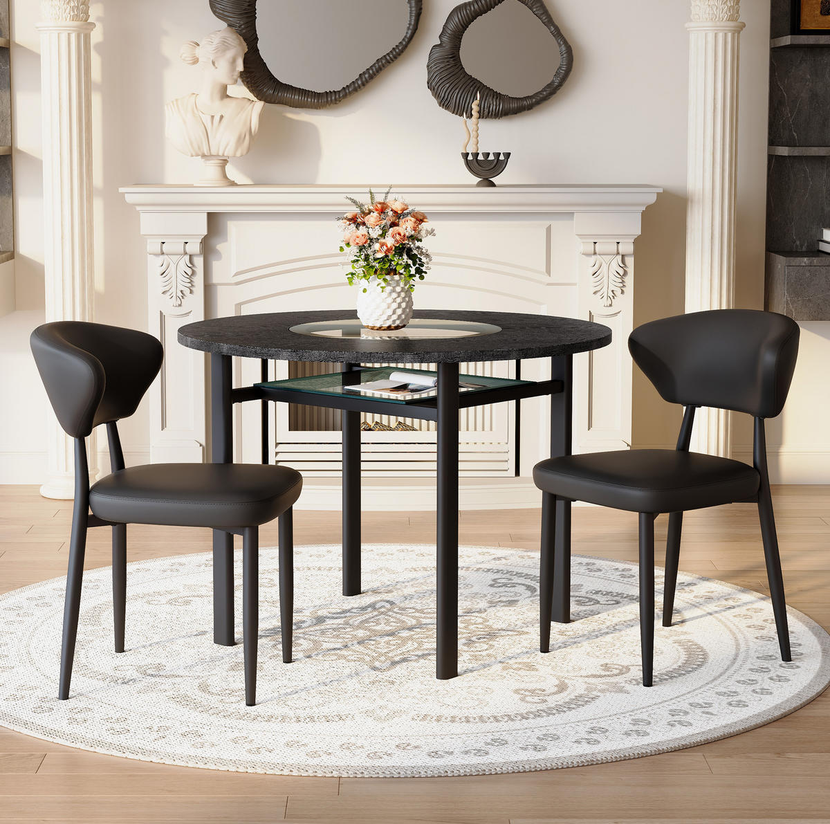ESSZIMMER-TISCH-SET 100 cm Schwarz mit 2 Stühlen - Schwarz, Metall (100/76/100cm) - Meubliv