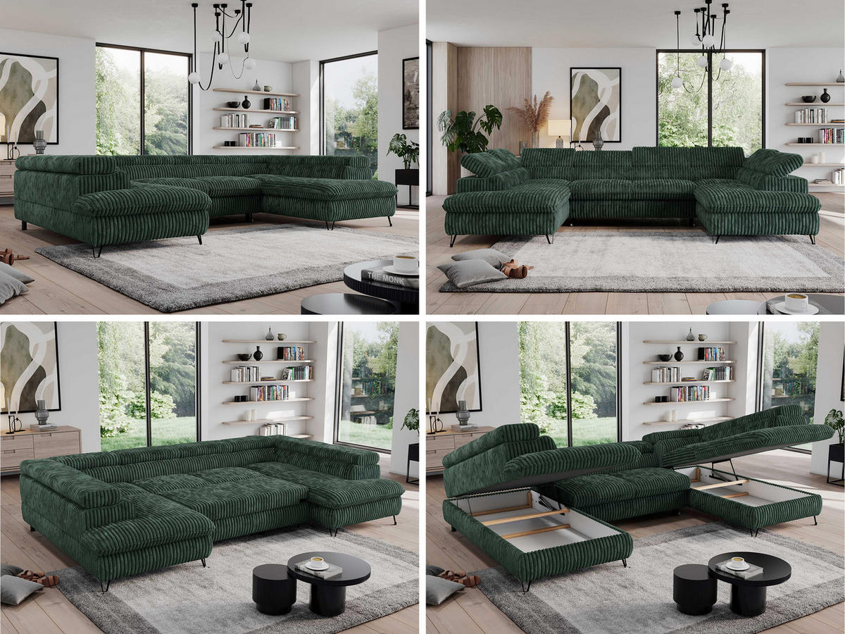 WOHNLANDSCHAFT PEDRO U Cord Grün - Schwarz/Grün, Textil/Metall (346/76/208cm) - MKS