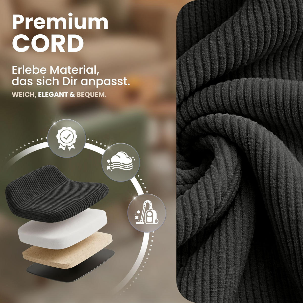 STUHL Cord Anthrazit - Eukalyptusholzfarben/Anthrazit, Holz/Textil (49/83/50cm) - CLP