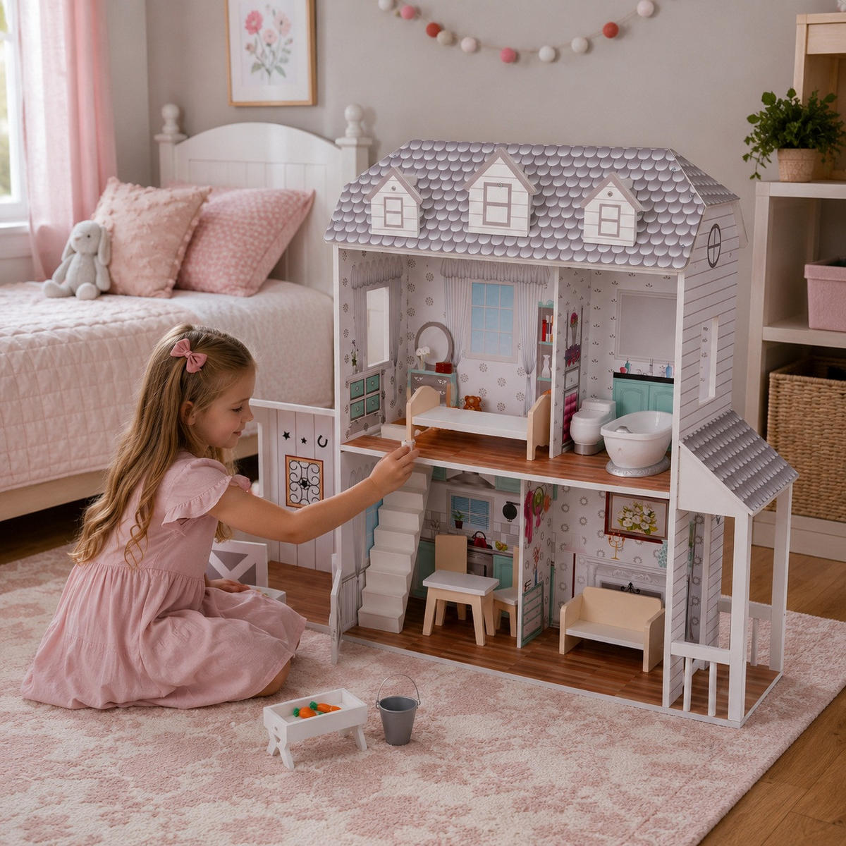 PUPPENHAUS, Grau, 90cm - Weiß, Holzwerkstoff (34/90/104cm) - Teamson Kids