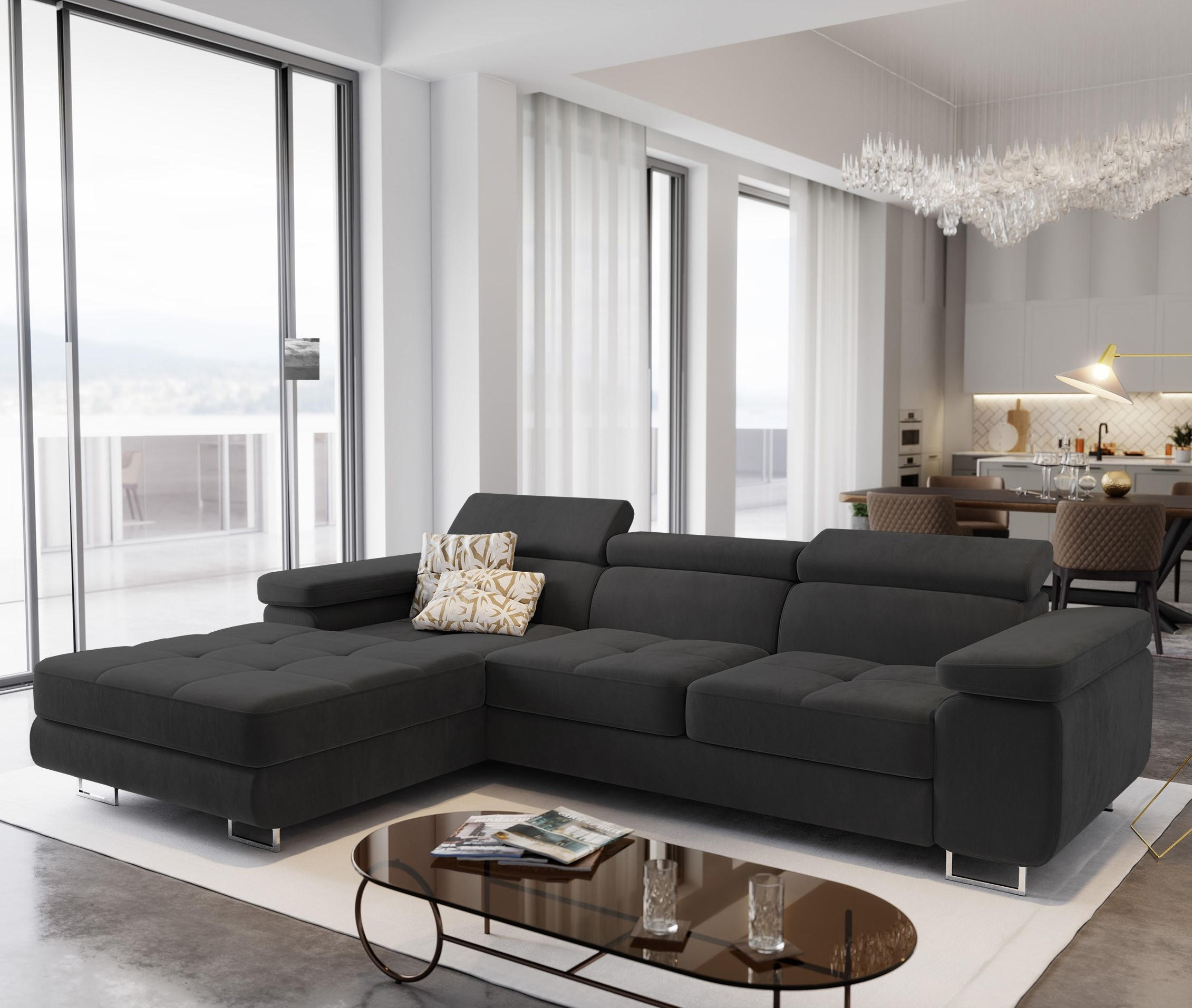 ECKSOFA ELMA L-S Schwarz Velours-Stoff mit Schlaffunktion - Schwarz, Holz (280/205cm) - MASSENO