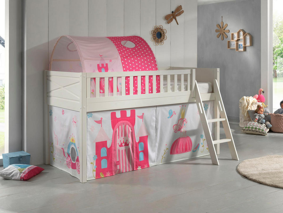 KINDERBETT Karyl 208x114x135 Massivholz Weiß Textilset Princess 2 - Magenta/Weiß, Holz (90/200cm) - 58aufmkessel