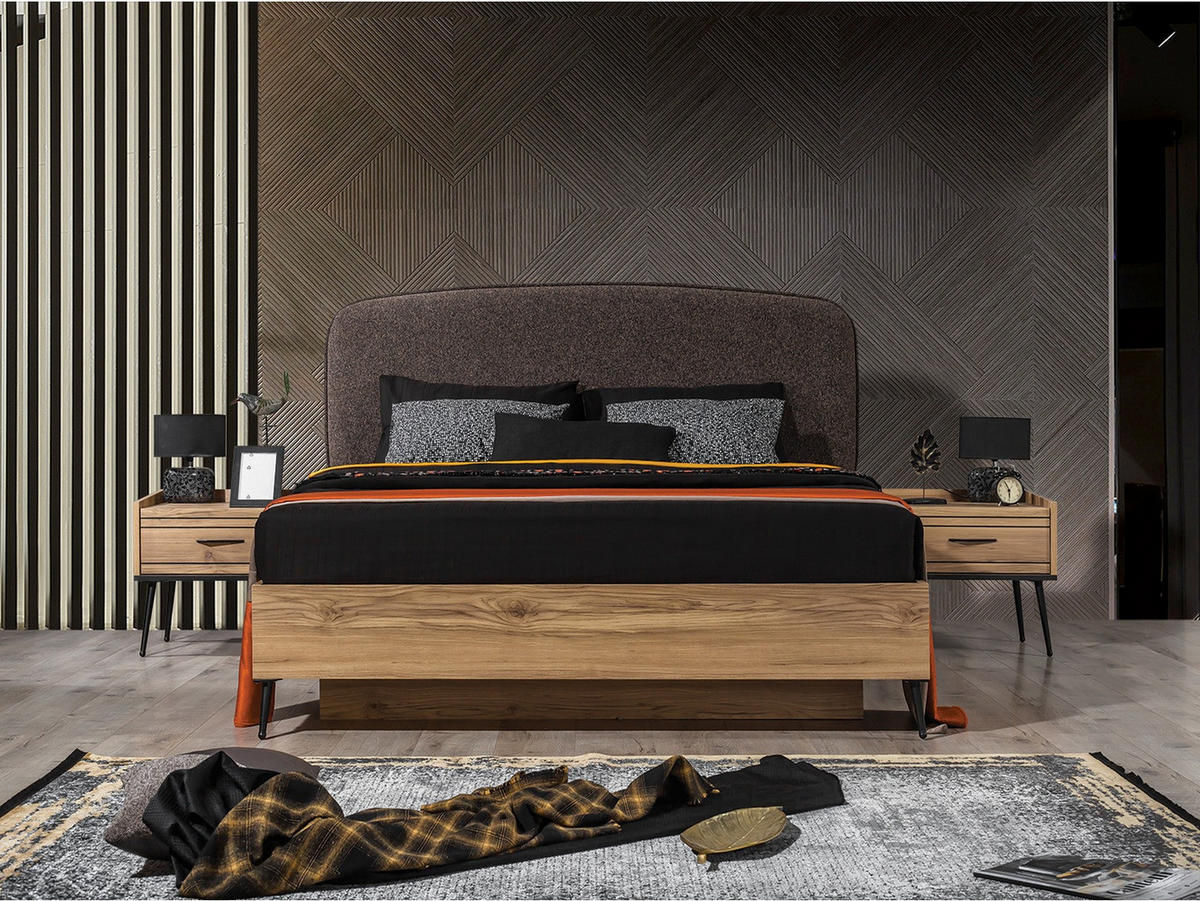 BETTANLAGE CIZGI Schlafzimmer-Set, 4-teilig, Eiche, Bett mit Kopfteil 2 Nachttischen und Kleiderschrank - Eichefarben, Holzwerkstoff (160/200cm)