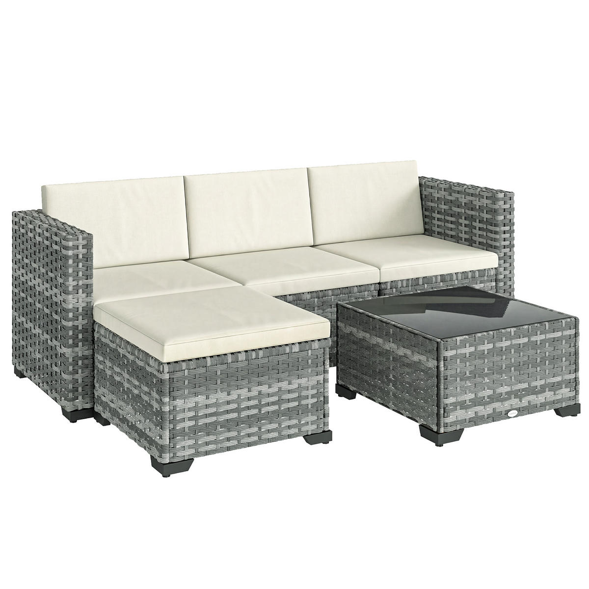 LOUNGEGARNITUR 5 TLG. aus PE-Rattan mit Kissen, Grau - Creme/Schwarz, Glas/Kunststoff - Outsunny