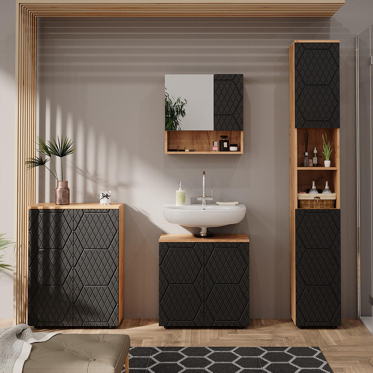 BADMÖBEL-SET Irma Anthrazit gestreift 4 Teile mit Hochschrank und Kommode - Honigeiche/Anthrazit, Holzwerkstoff (80/58.6/41cm) - Vicco