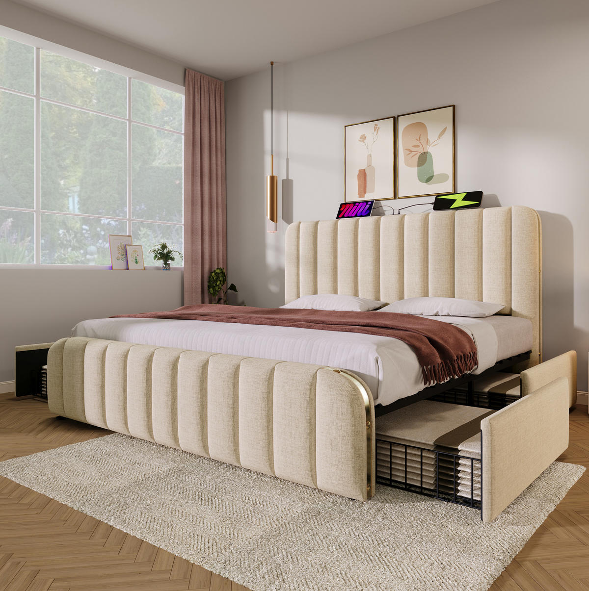 ČALÚNENÁ posteľ z ľanu, 215/187/101 cm béžová, s USB-C a 4 zásuvkami - béžová, textil (180/200cm) - BEAOK