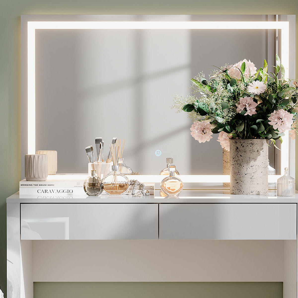 SCHMINKTISCH Annabelle Weiß Hochglanz/Weiß 110 cm mit LED-Spiegel - Weiß Hochglanz/Weiß, Holzwerkstoff (110/75.5/50cm) - Vicco