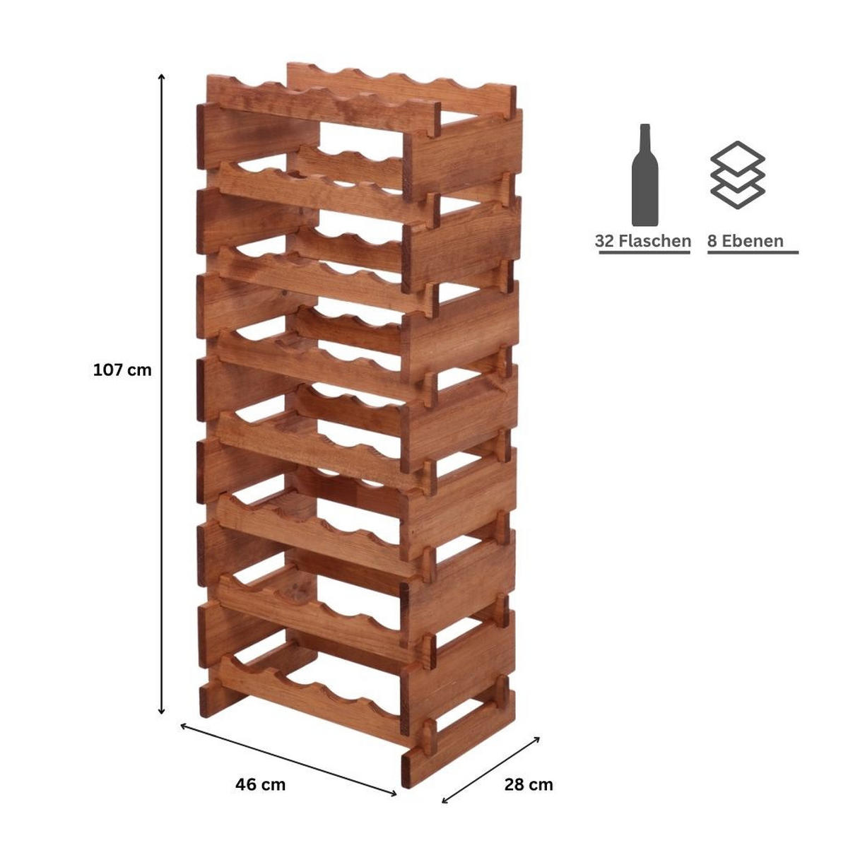 WEINREGAL VINOTECA FLEX PRO HxBxT 107x46x28cm 32 Flaschen auf 8 Ebenen Braun geölt - Braun, Holz (46/107/28cm) - PROREGAL