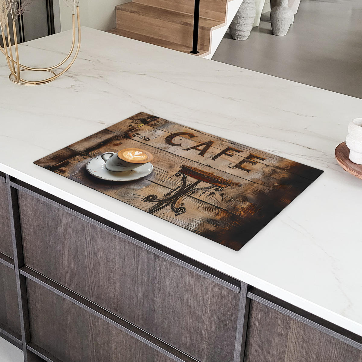 HERDABDECKPLATTE Cafe - Holz - Kaffee - Regale Induktionsmatte 83x51 cm - Schwarz, Kunststoff (83/51.5/0.2cm) - MuchoWow