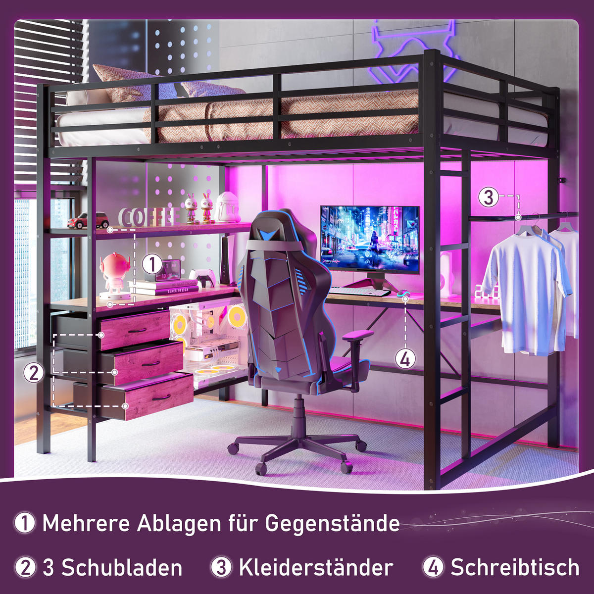 HOCHBETT 140x200cm Schwarz LED-Licht Schreibtisch USB 3 Schubladen - Schwarz, Metall (140/200cm) - FLIEKS