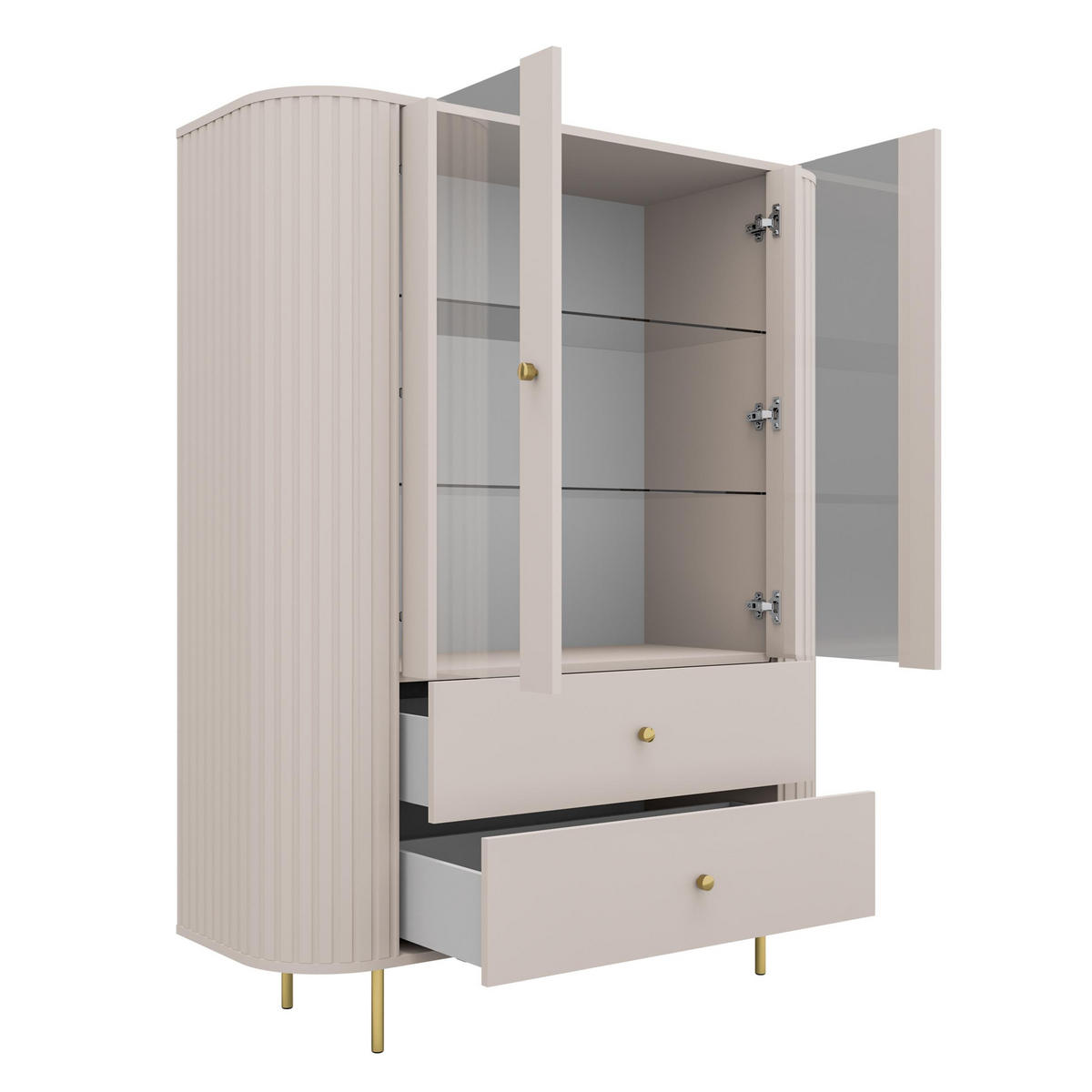 VITRINE Halay Beige, 2 Türen & 2 Schubladen Moderne Rillenstruktur, mit runden Kanten - Beige/Goldfarben, Holzwerkstoff/Metall (123/155/42.3cm) - AX Living