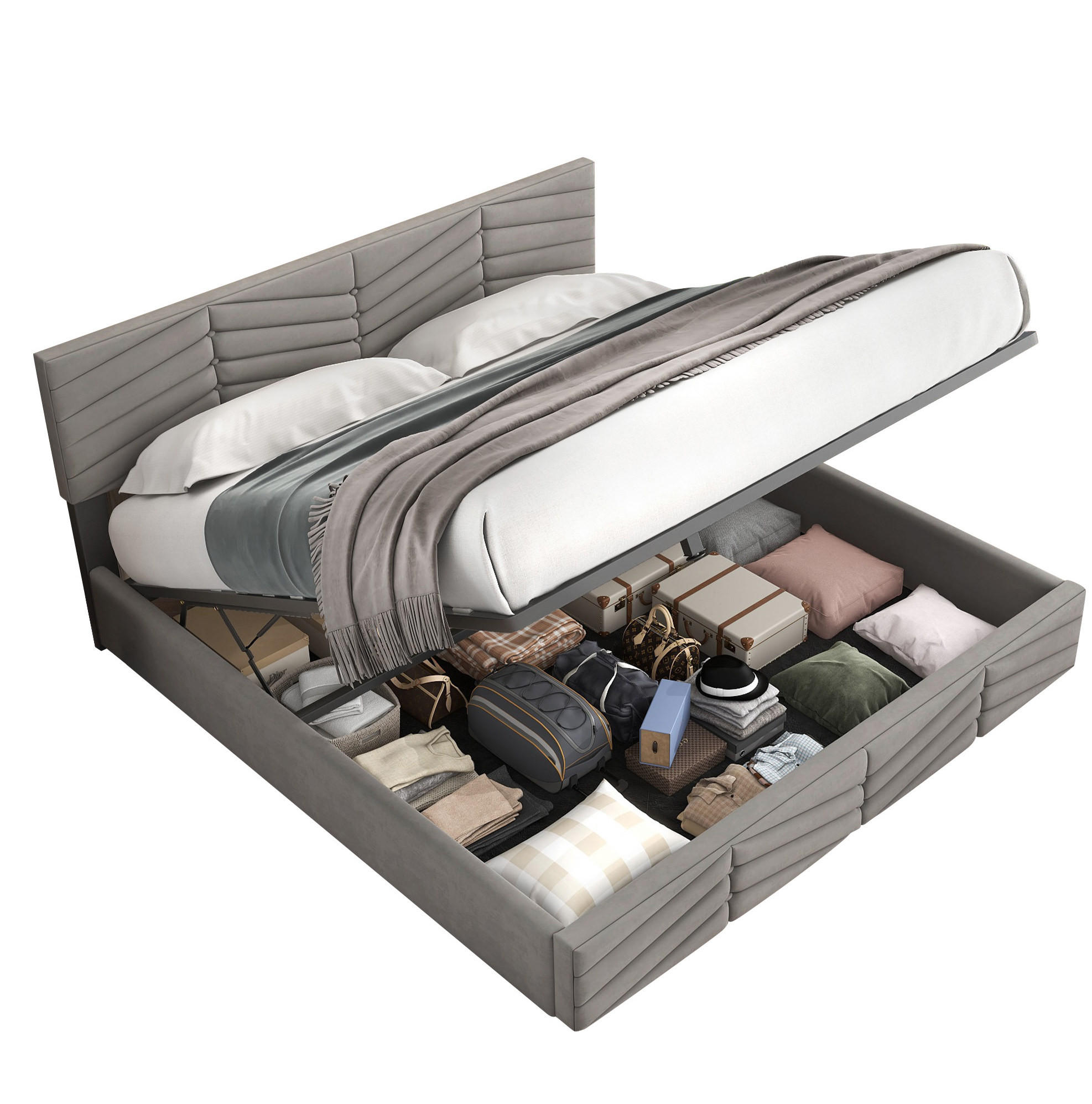 POLSTERBETT 140/200 cm grau mit hydraulischem Bettkasten und höhenverstellbarem Kopfteil - Grau, Textil (140/200cm) - OKWISH