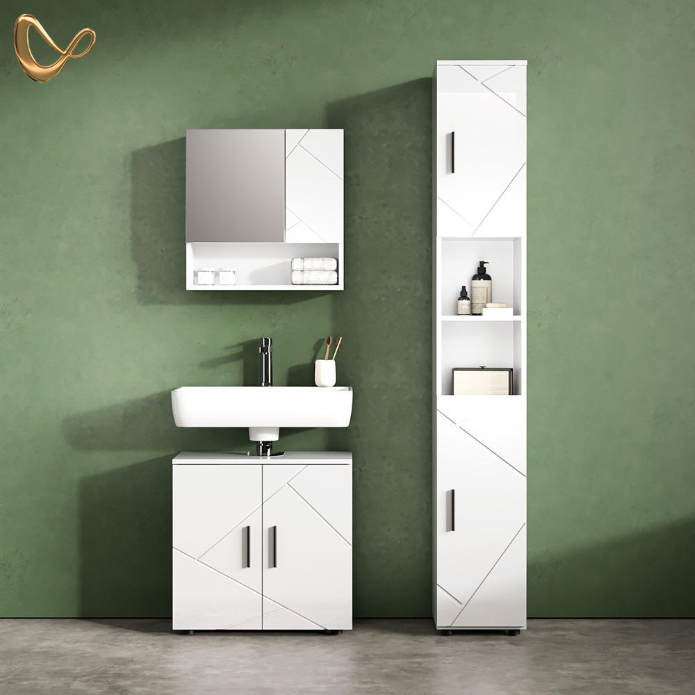 Thumbnail - Livinity® Badmöbel-Set, Weiß Hochglanz, Weiß, Holzwerkstoff, 7 Fächer, Rechteckig, 60x81x30 cm, Badezimmer, Badmöbelsets...