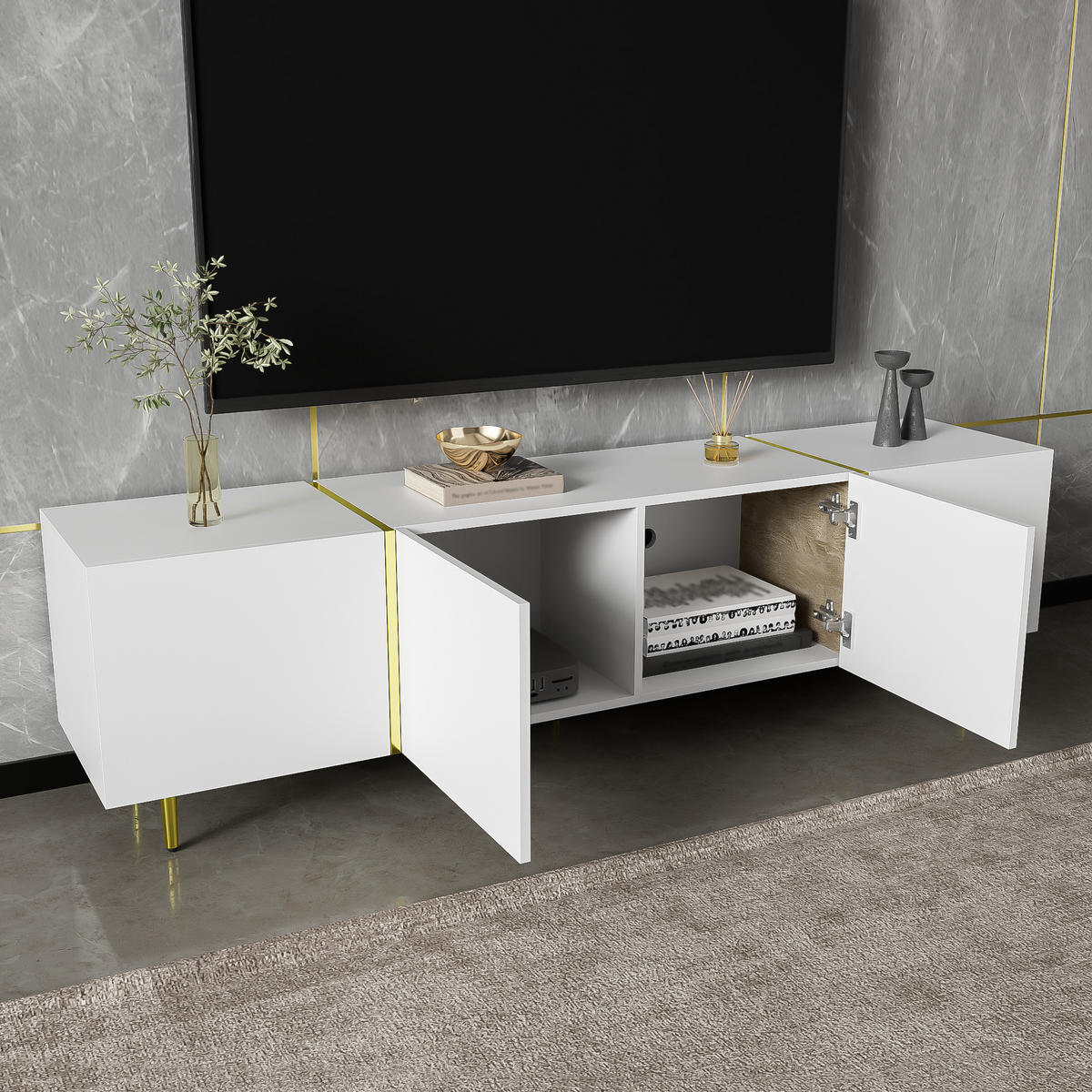 TV Lowboard 170x35x46 cm, 4 Türen, goldene Linien, Weiß - Weiß, Holz (170/46/35cm)