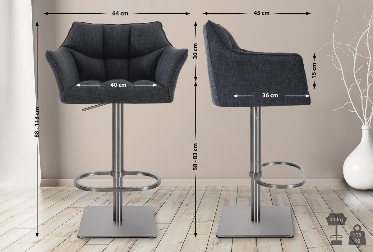 BARHOCKER 2er Set Damaskus Stoff edelstahl dunkelgrau - Edelstahlfarben/Dunkelgrau, Textil/Metall (64/110/48cm) - TPFLiving