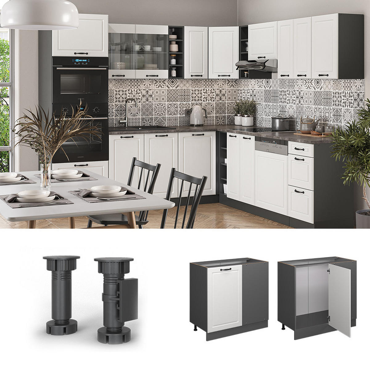ECKUNTERSCHRANK R-Line Weiß Landhaus 86 cm, AP Eiche - Anthrazit/Creme, Holzwerkstoff (86/81.6/60cm) - Vicco