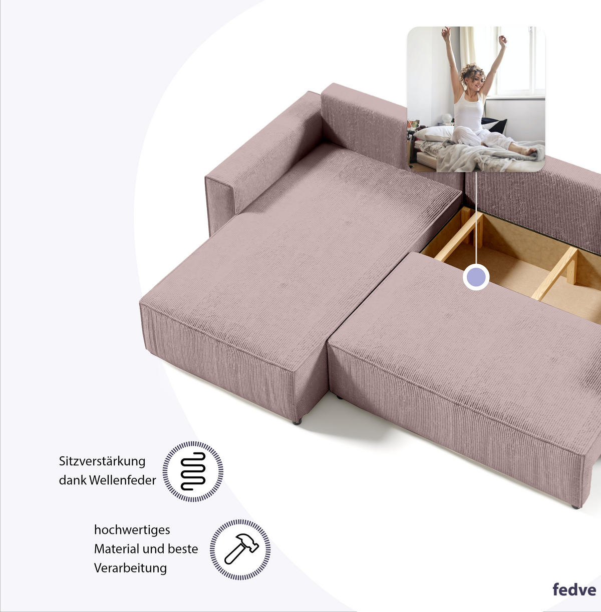 ECKSOFA Couch Sofagarnitur Sekwana L-form Rosa - Pink, Naturmaterialien (294/185cm) - Fedve