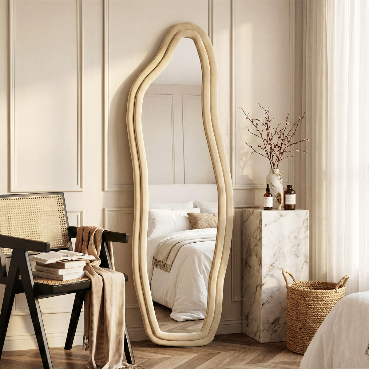 GANZKÖRPERSPIEGEL Wellen-Design mit U-Standfuß & Scharnier 140/45 cm Champagner-Gold - Goldfarben, Glas/Holzwerkstoff (45/140/3cm) - Creahappy