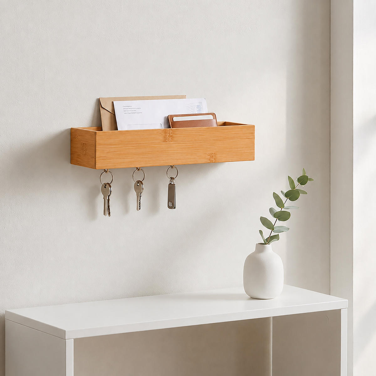 SUPORT pentru chei natural bambus 6 cârlige - maro deschis, lemn/metal (26/5/7cm) - Relaxdays