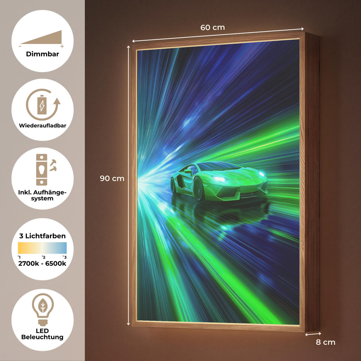 NÁSTĚNNÁ LAMPA S AKUMULÁTOREM Rychlost - Lehké - Sportovní vůz - Zelená 60x90 cm - zelená barva, kompozitní dřevo (60/90/8cm) - OnlyWow