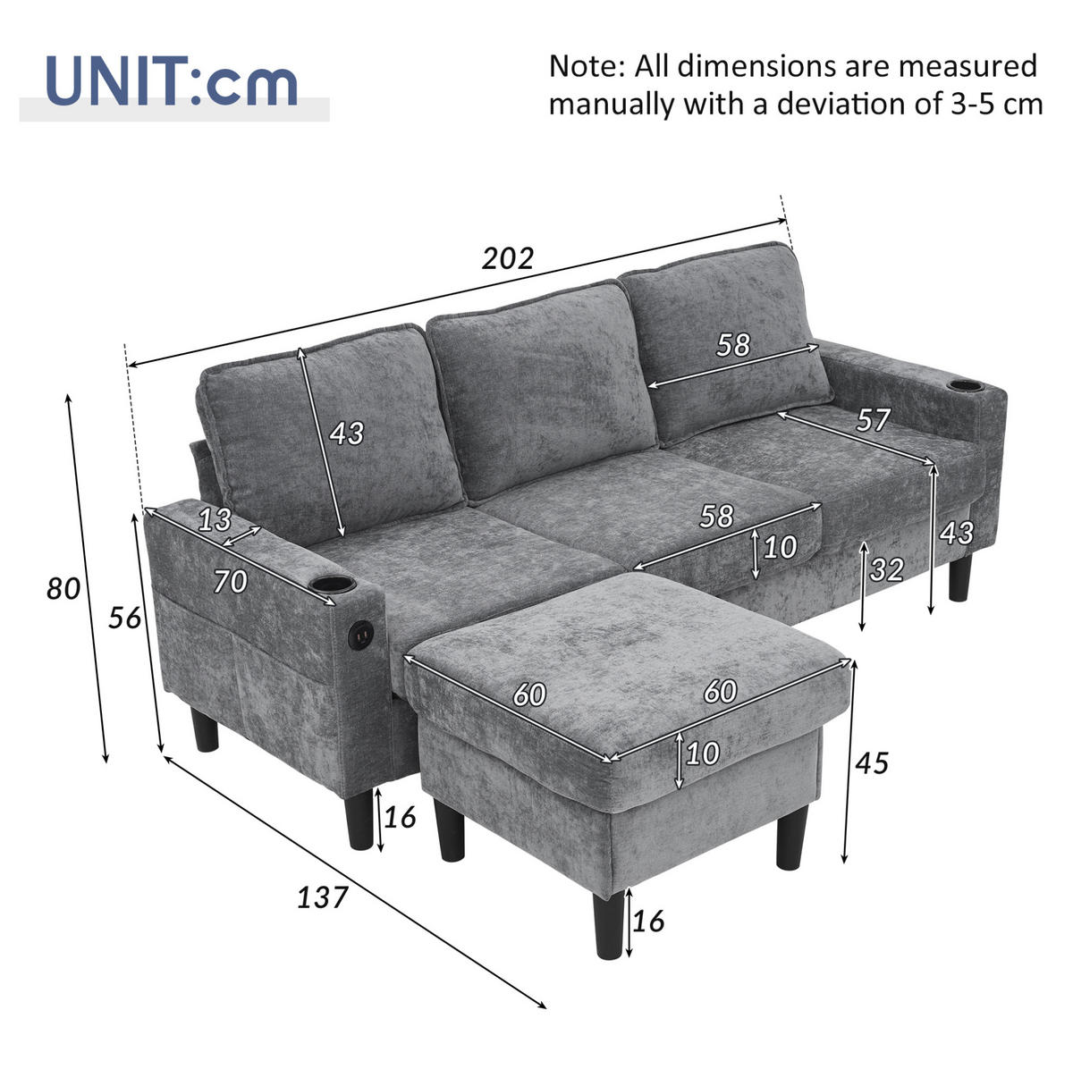 ECKSOFA 202/137/80 cm Grau aus Leinen mit USB und Typ-C - Grau, Textil (137/202cm) - OKMYHOME