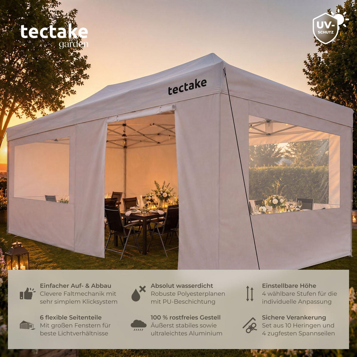 FALTPAVILLON aus Aluminium Viola, inklusive Spannseilen, Heringen und Tragetasche, weiß - Weiß, Kunststoff (300/316/600cm) - tectake