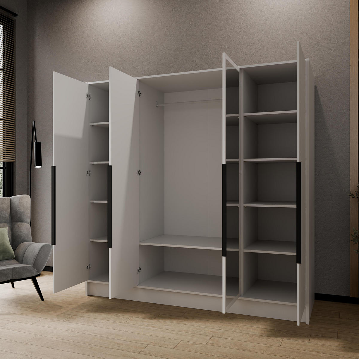 DREHTÜRENSCHRANK RENVO 200/200/51 cm Modern Kleiderschrank 4-türig mit Spiegel Weiß - Weiß, Holzwerkstoff (200/200/51cm) - MASSENO