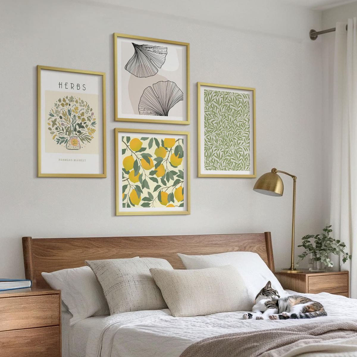 BILDER SET 4er Set - 50x50 cm & 40x60 cm Goldrahmen - Zitronenkräuter und -blätter - Goldfarben, Kunststoff (50/50cm) - TULUP