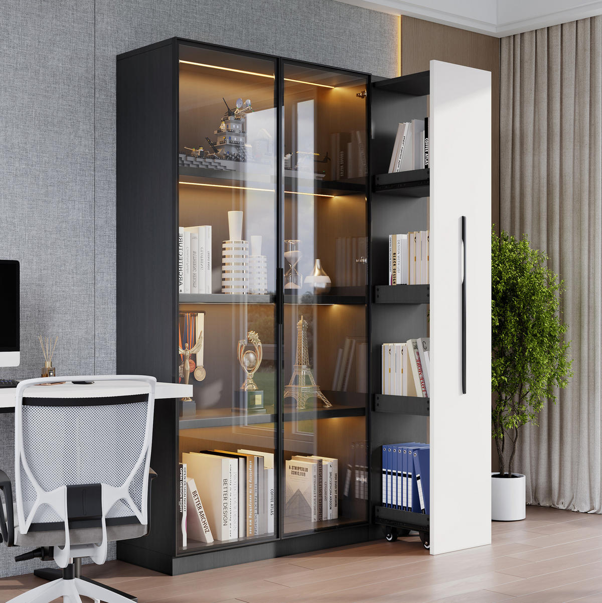 VITRINE 110,5/35/160 cm in Schwarz/Weiß mit LED-Beleuchtung und Seitenauszug - Schwarz, Holzwerkstoff (110.5/160/35cm) - Flora Grace