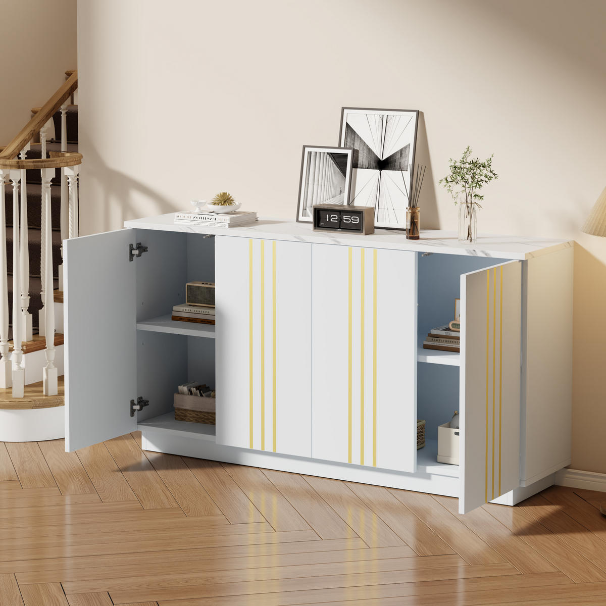 SIDEBOARD Weiß Gold 4 Türen 140cm verstellbare Fächer Modern - Weiß, Holzwerkstoff (35/70/140cm) - FLIEKS