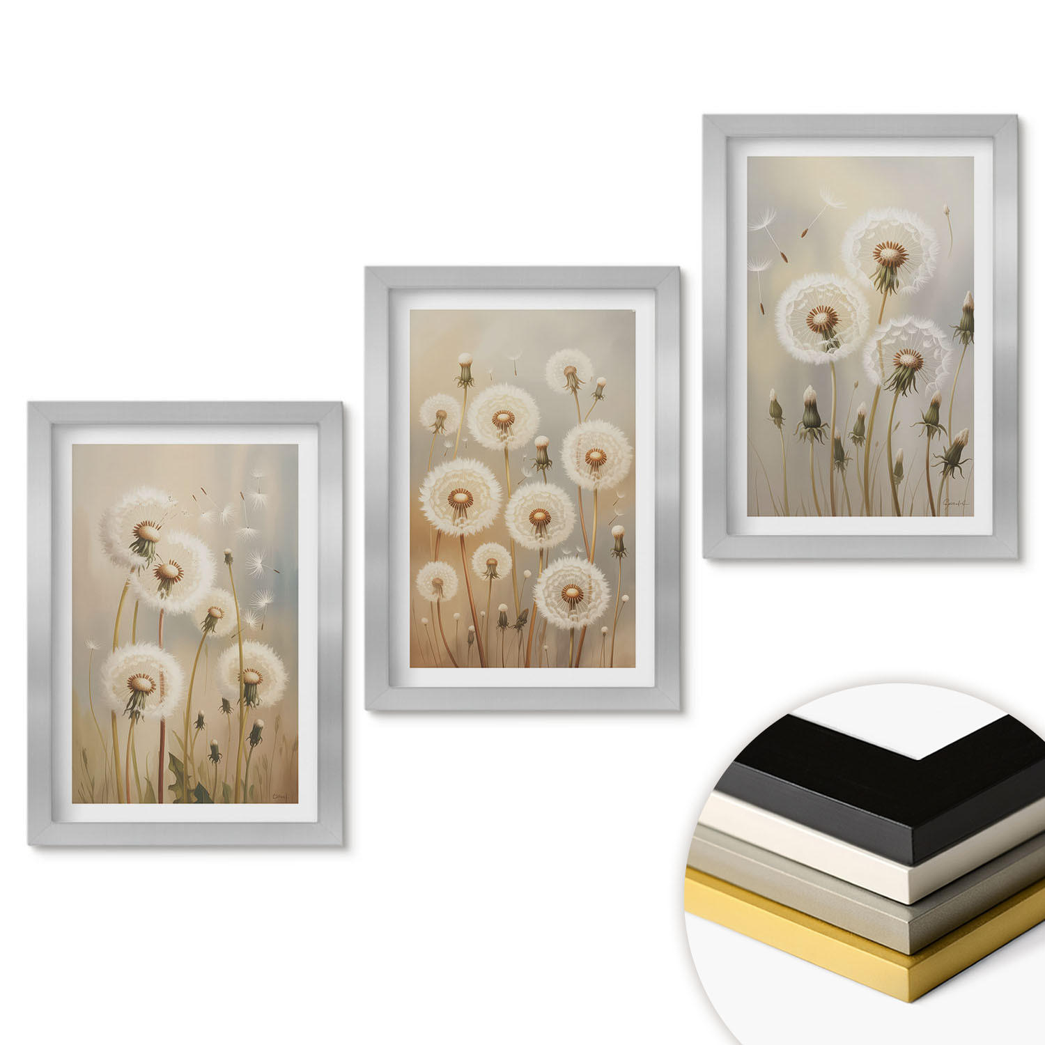 WANDBILDER 3er Set - 20x30 cm Silberner Rahmen - Weiße Löwenzahnblüten auf hellem Hintergrund - Silberfarben, Kunststoff (20/30cm) - ArtPrintCave