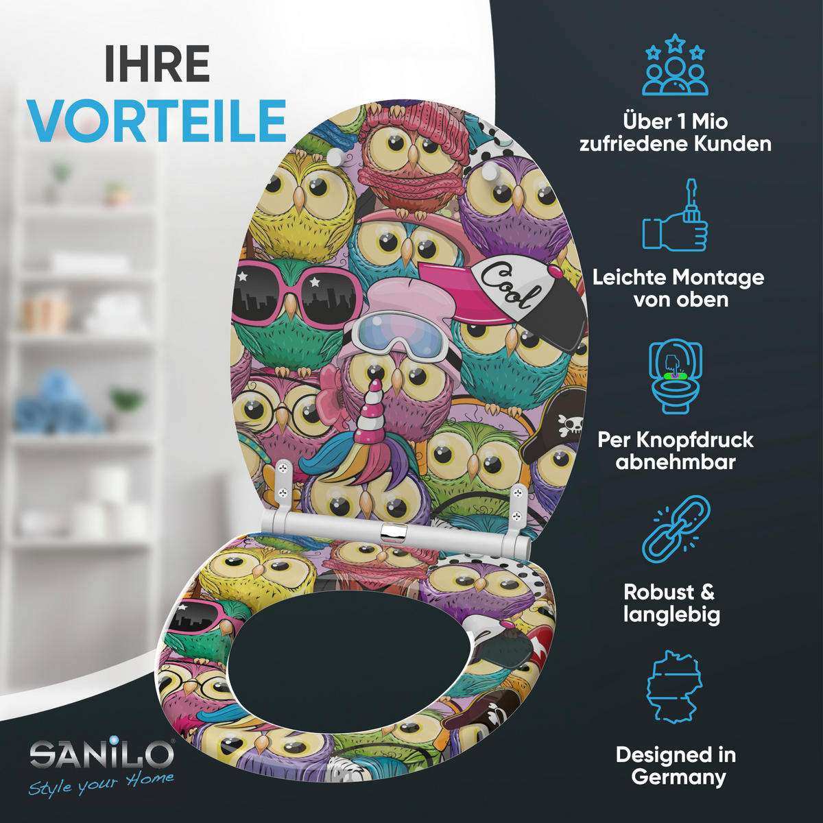 WC-SITZ mit Absenkautomatik & Top Fix Owl - Multicolor, Holzwerkstoff (37.7/5.5/48cm) - Sanilo