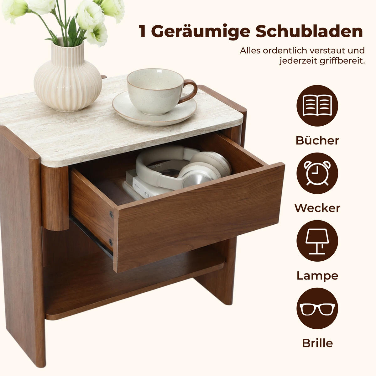 NACHTTISCH Modern mit Marmoroptik, Braun, MDF | B55 x T40 x H53 cm - Braun, Holz (55/53/40cm) - Hometopia