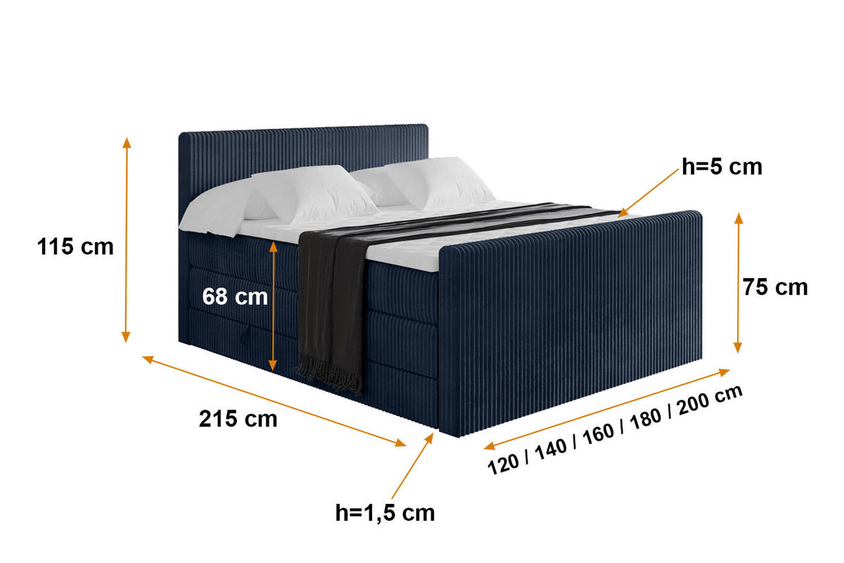 BOXSPRINGBETT mit Matratze H3|H4 und Lattenrost - TOLO-Z KING 120x200 Cord - Dunkelblau - Dunkelblau, Holzwerkstoff (120/200cm) - ALTDECOR