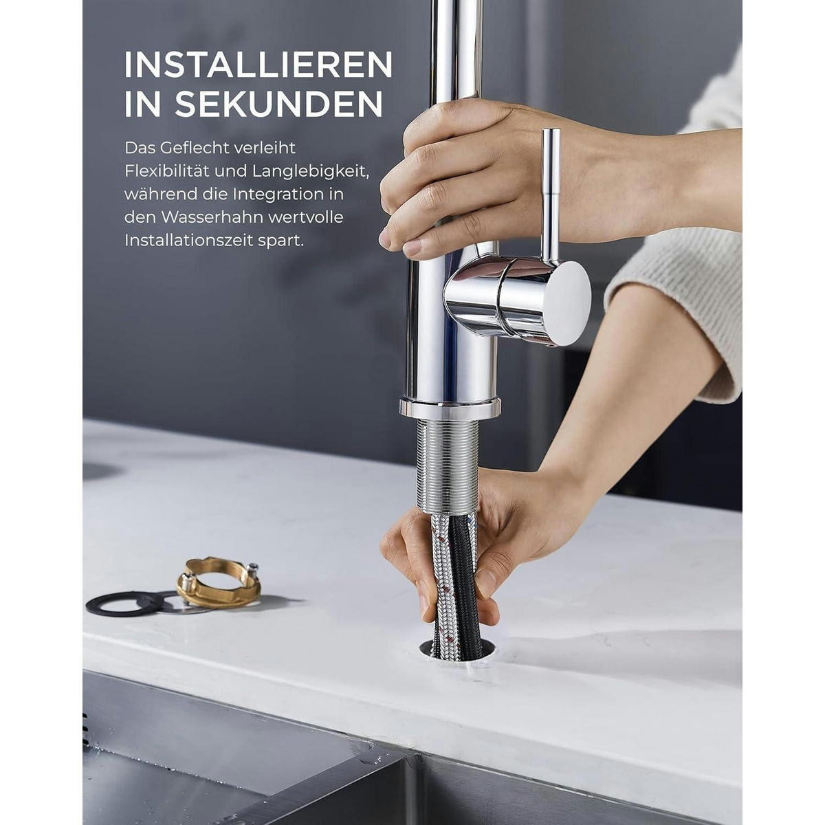 KÜCHENARMATUR mit ausziehbarer Brause 360° drehbar poliertes Chrom - Silberfarben, Metall (5/42.5/25cm)