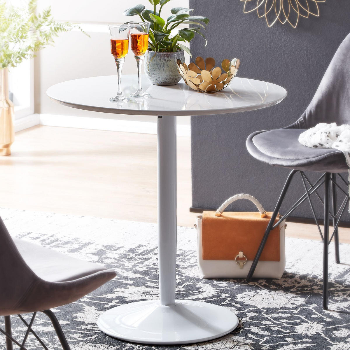ESSTISCH – Hochglanz Weiß 75x75x74 cm Trompetenfuß für 2 Personen - Weiß, Holz/Metall (75/75/74cm) - KADIMA DESIGN