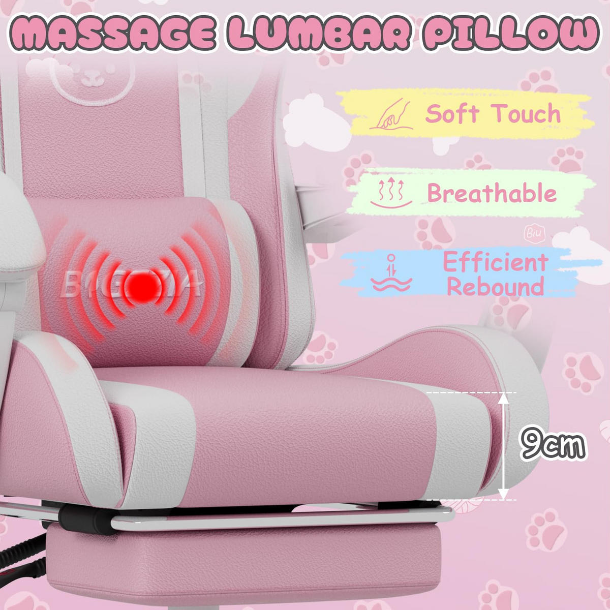 Gaming-Stuhl Katzenohren, Massage, Fußstütze – Rosa/Weiß - Pink, Leder (59/120/56cm) - Rattantree