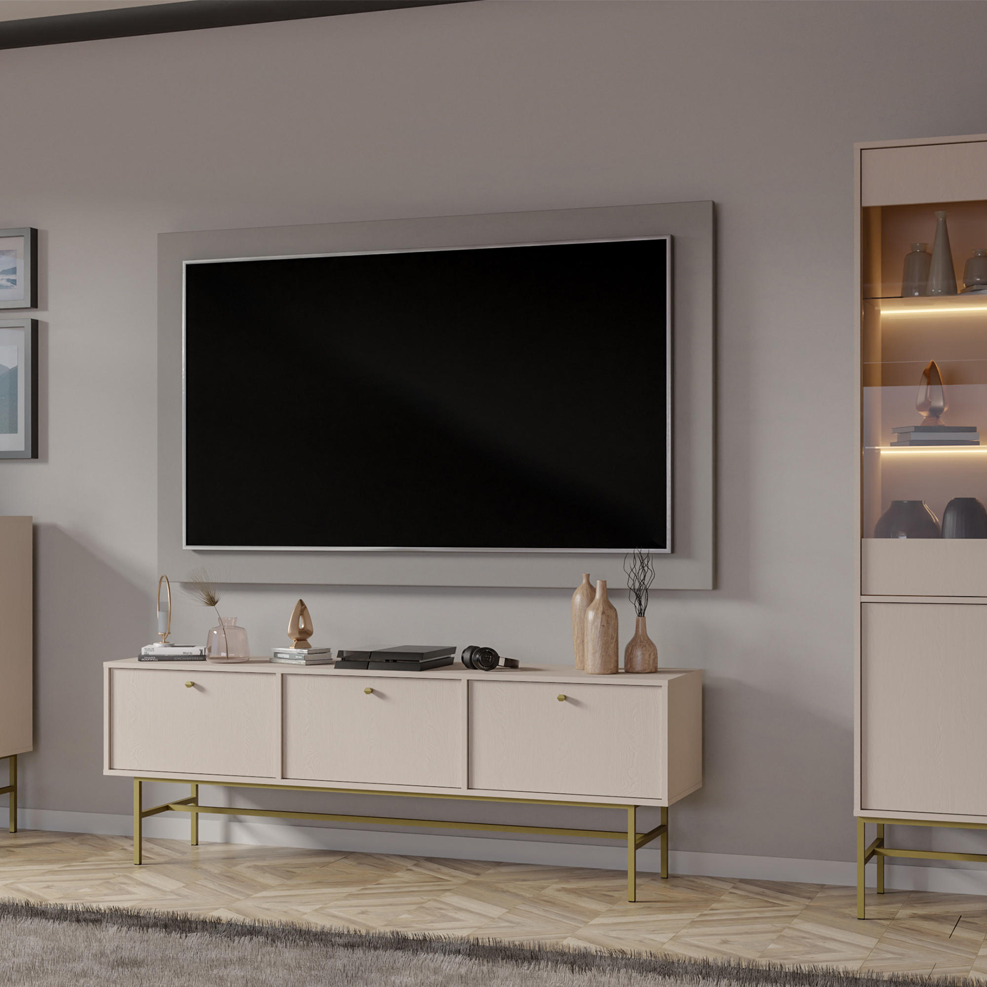 TV-LOWBOARD FLOREN, Creme/Gold - Creme, Holzwerkstoff/Metall (180/62.5/40.8cm) - KONSIMO®
