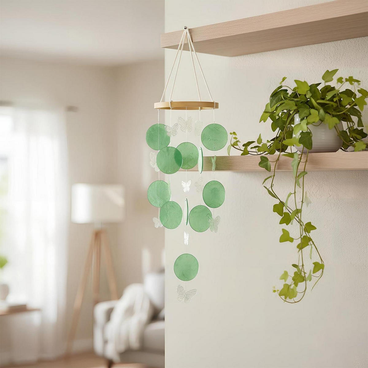 WINDSPIEL Muschel Schmetterling Grün 70 cm - Grün, Naturmaterialien (70/15/12cm)