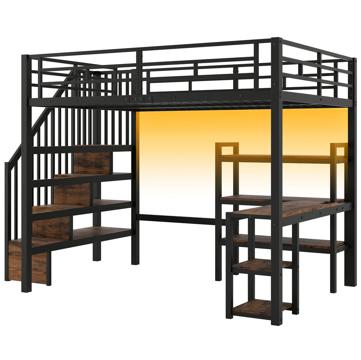 HOCHBETT 140/200 cm aus Metall mit Treppe, Schreibtisch, Regalfächern, USB-Ladestation und LED-Beleuchtung, Schwarz - Schwarz, Metall (140/200cm) - Redom