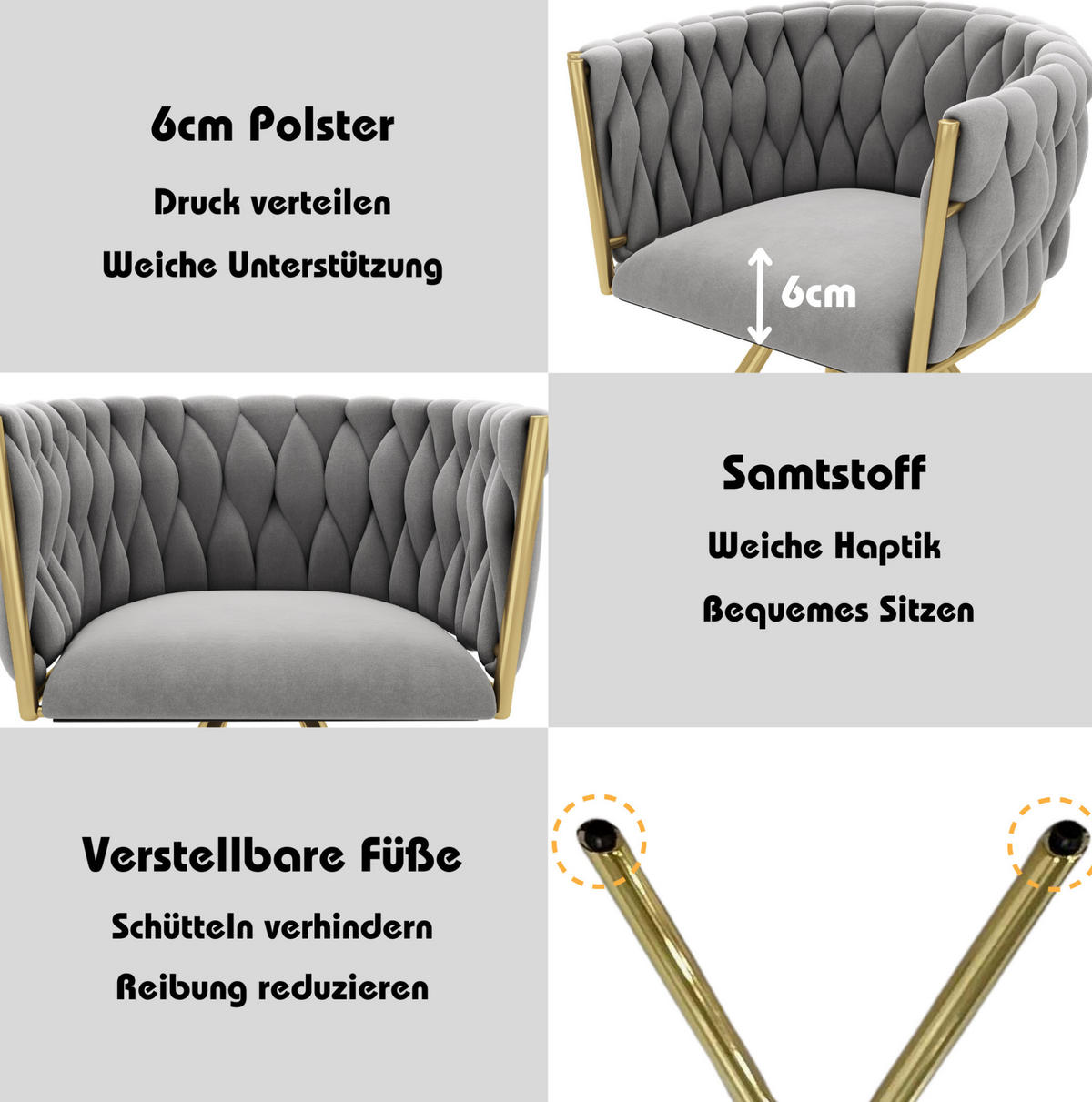 ESSZIMMERSTÜHLE 6er-Set Grau/Gold mit 360°-Drehfunktion - Grau, Metall (59/72/54cm) - MIVRAY