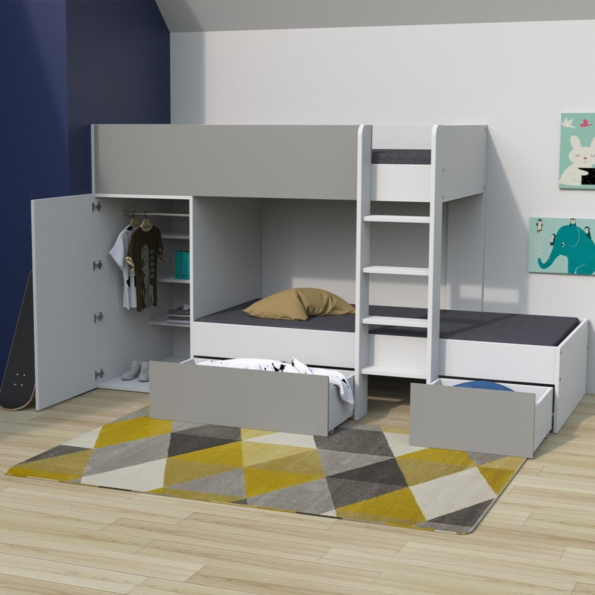 ETAGENBETT TWIN mit Schrank - Schubladen/ Etagenbett 90x190 - Weiß und Grau - Weiß/Grau, Holzwerkstoff (90/190cm) - Weber Industries