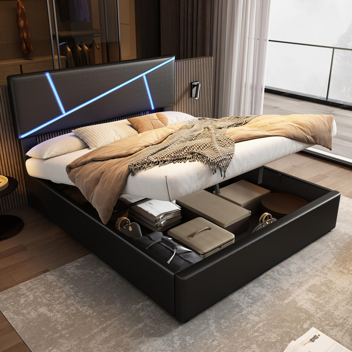 POLSTERBETT 140/200 cm Schwarz aus PU mit LED und Bettkasten - Schwarz, Kunststoff (140/200cm) - OKMYHOME