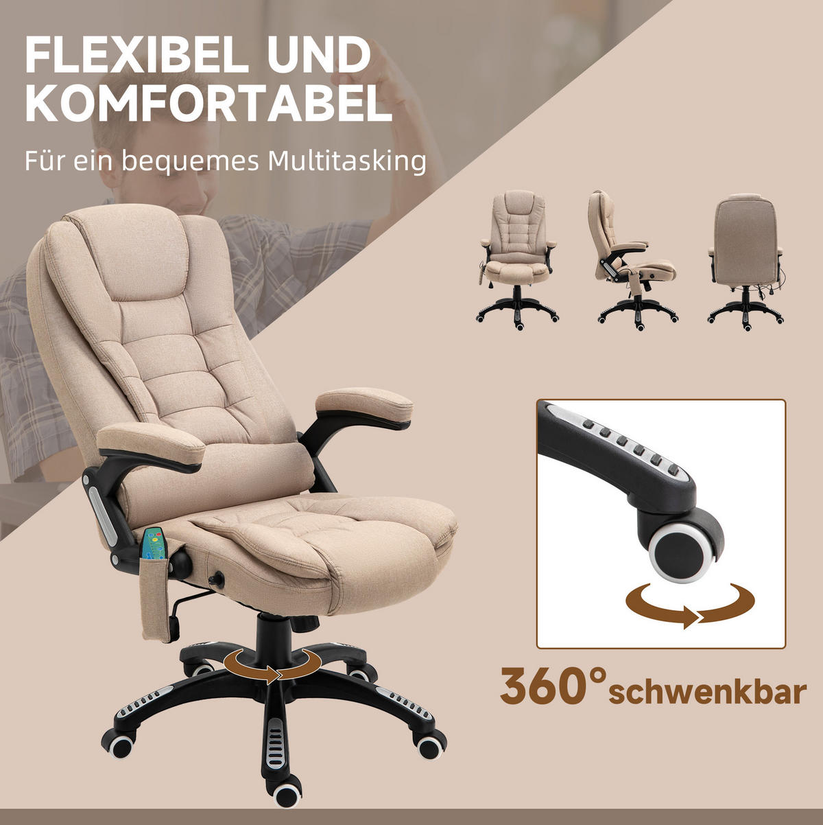 BÜROSTUHL in Braun 74x67x120 cm mit Massage- und Heizfunktion, höhenverstellbar - Braun, Textil (67/120/74cm) - IVMEU