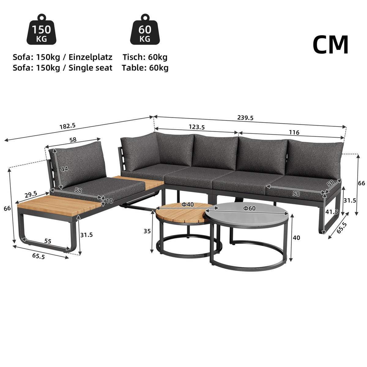 LOUNGEGARNITUR Grau aus Eisen mit verstellbaren Füßen 5er Set - Grau, Metall - OKMYHOME