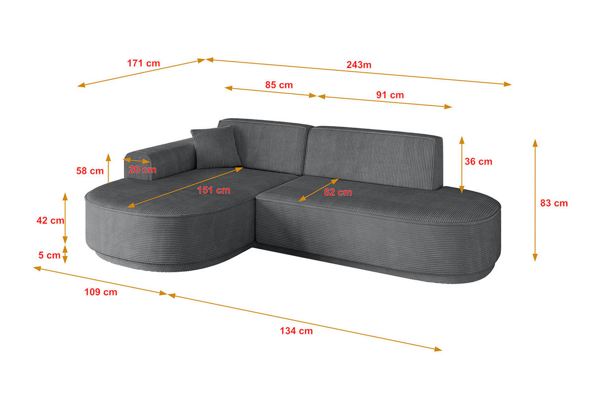 ECKSOFA Ottomane Links MARI-L1-v3 - 243x171x83 cm Dunkelgrau Cord - Dunkelgrau/Schwarz, Holzwerkstoff/Kunststoff (243/171cm) - ALTDECOR