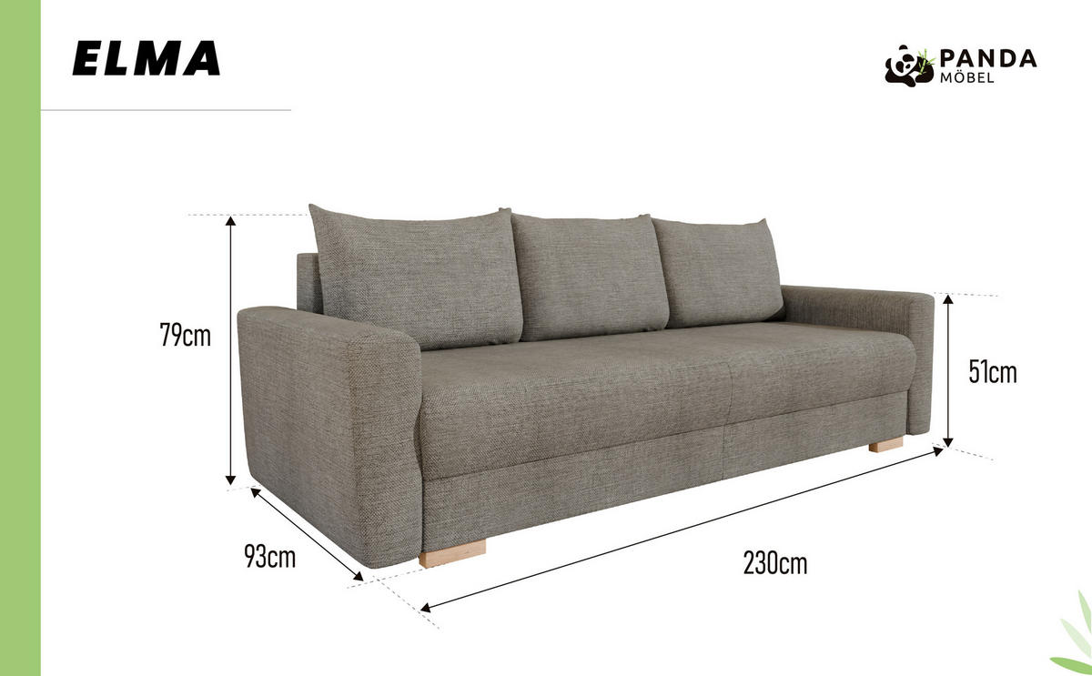 3-SITZER-SCHLAFSOFA ELMA mit Bettfunktion, grau - Grau, Holz (92.5/79/230cm) - Panda Möbel