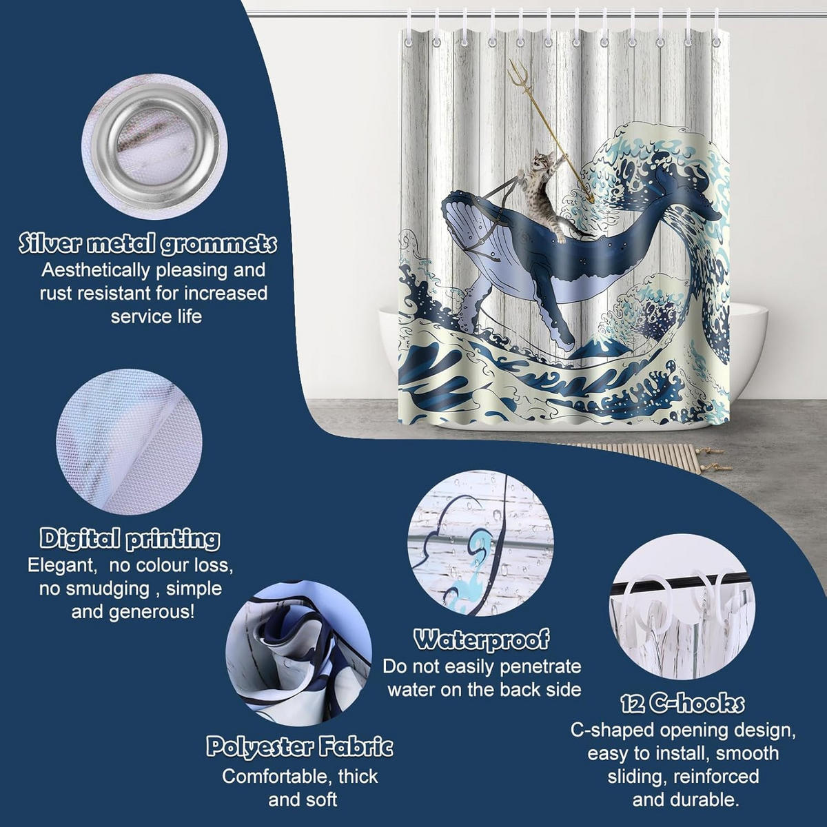 DUSCHVORHANG Stoff wasserdicht schimmelresistent mit Haken fürs Badezimmer Badewanne und Dusche Muster Katze und Wal - Multicolor, Textil (180/200cm) - MCBOSON